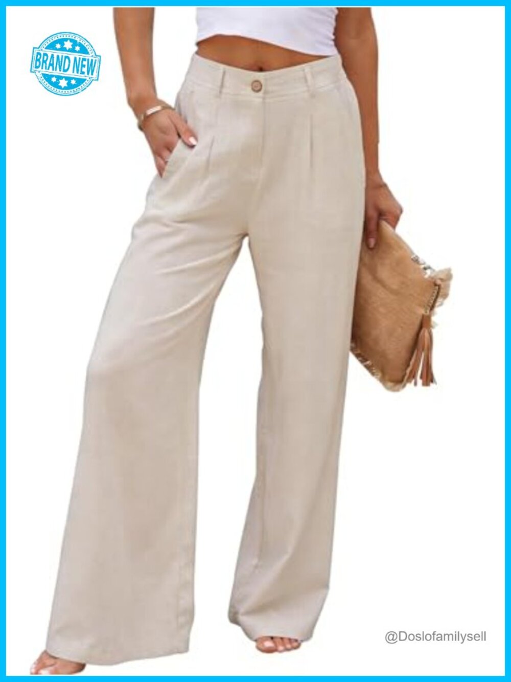 Women's Linen Pants High Waist Wide Leg Button Trousers Summer